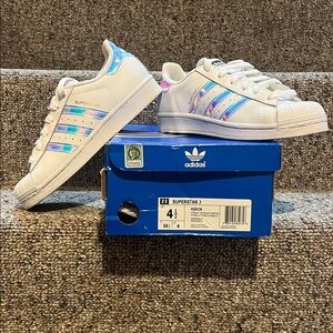 Adidas Superstar J White with Iridescent Blue Stripes